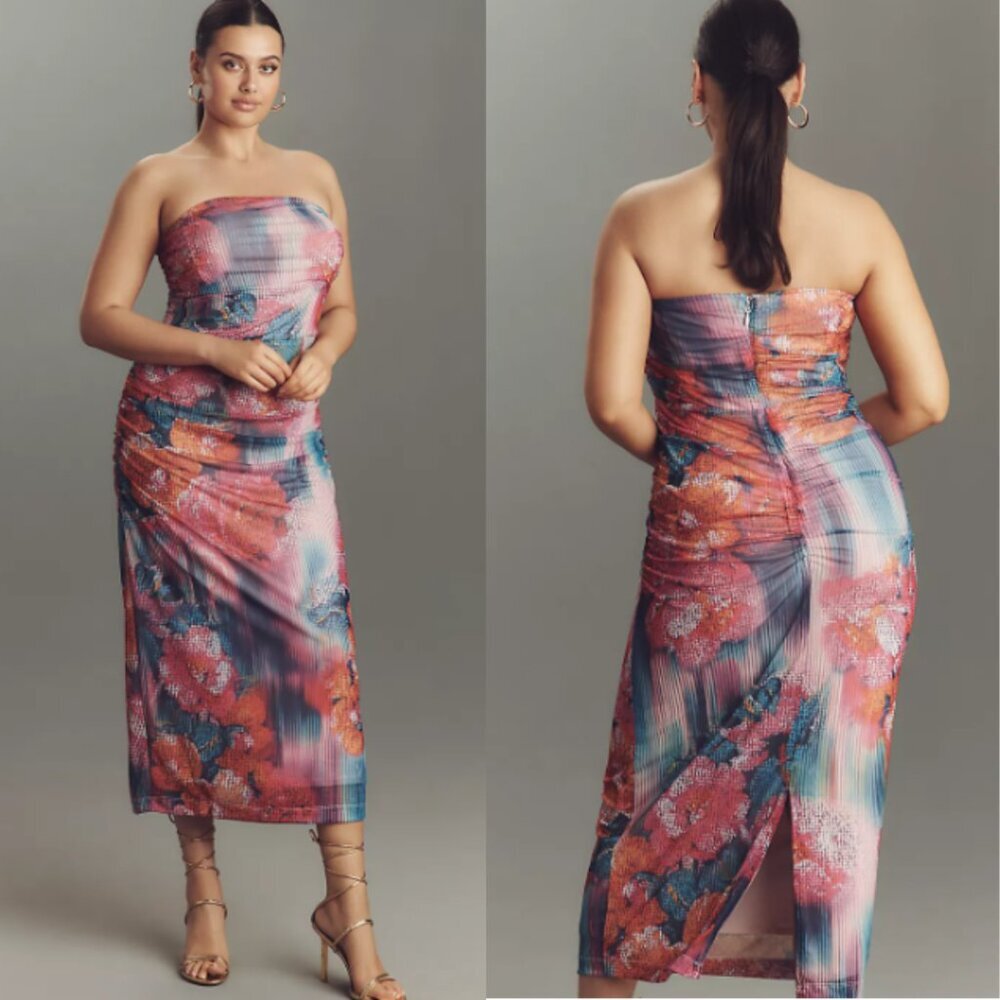 Anthropologie Soleil Slim Strapless Ruched Mesh Dress NWT Pink Multi X-Large